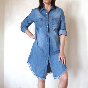 90&#39;s Cotton denim dress, Vintage button down blue women dress