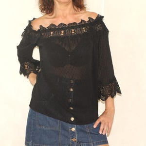 Retro sheer shirt, Off shoulder blouse with lace, Vintage see thru top, Bohemian romantic, Size L