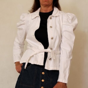 White cotton jacket with Long puff sleeve, Vintage blazer, Cropped denim buttons jacket, y2k clothing, Size M