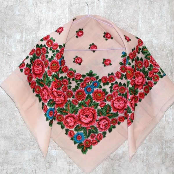 Vintage Wool scarf, Blush pink shawl with floral, Ukrainian wedding, Beautiful boho shawl, Mother day gift, Fashion scarf, Tablecloth