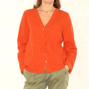 90s V Neck shirt, Vintage burnt orange button up blouse, Size M