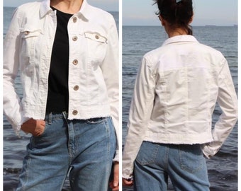 White cotton jacket, Vintage blazer, Cropped denim buttons jacket, y2k clothing, Size M