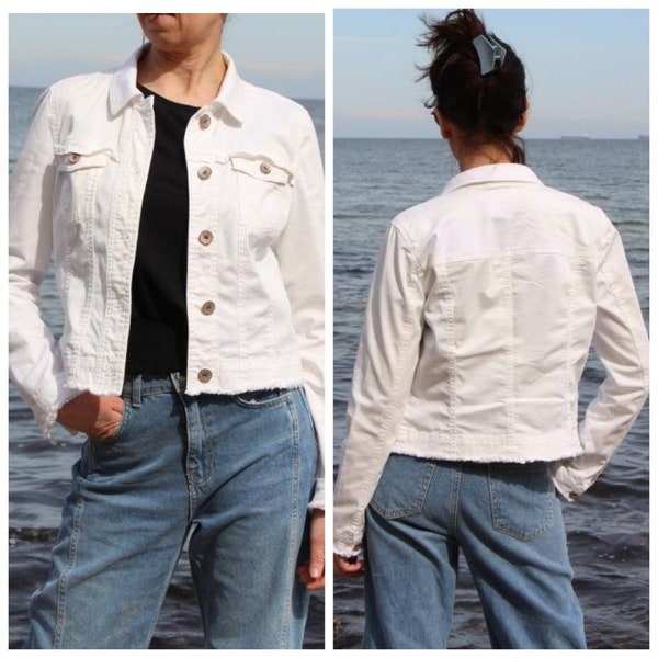 White cotton jacket, Vintage blazer, Cropped denim buttons jacket, y2k clothing, Size M