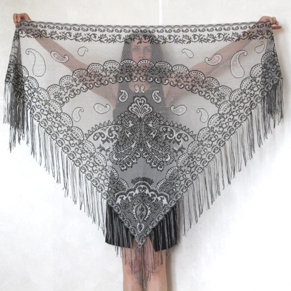 Gray lace shawl with flowers, Triangular fringe scarf, Beautiful sparkly wrap, bridal cover up, Flamenco Shawl