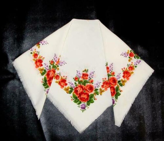 White floral scarf, Ukrainian folk shawl, Vintage… - image 4