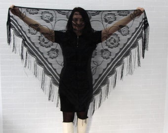 Black lace shawl, Long fringe, Vintage veil mantilla, Evening shoulder wrap, Triangle mesh scarf, Women's accessory