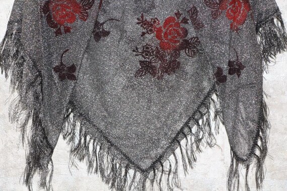 Silver metallic shawl with red roses, Festival ev… - image 4