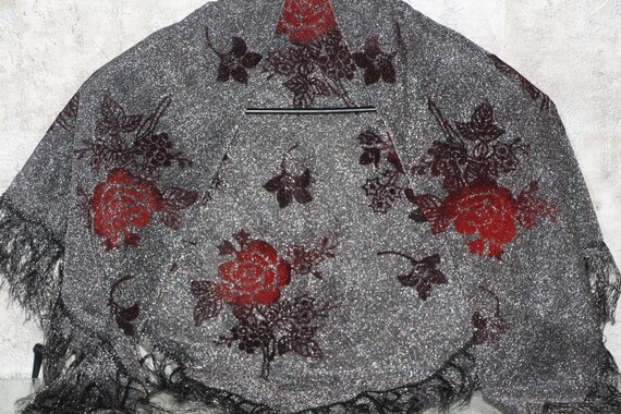 Silver metallic shawl with red roses, Festival ev… - image 6