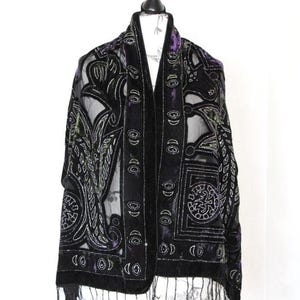 Velvet burnout scarf with fringe, Semi sheer shining long scarf, Vintage piano shawl, Burn out evening cover up