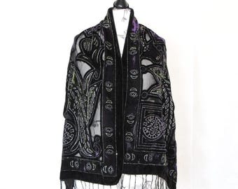 Écharpe Châle Noire En Velours Avec Franges Longues – Taille Unique, Neuve Sans étiquette, Touche Veloutée