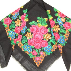 Black wool shawl with floral, Ukrainian vintage scarf, Babushka head scarf