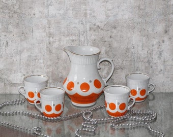 Porcelain polka dot set: Milk jug and 4 cups, Charming vintage tableware collection, Retro Ukrainian kithen decor