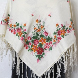 Piano fringe shawl, Vintage floral square scarf, Ethnic folk chale, Ukrainian old shawl