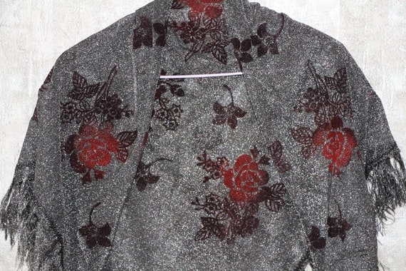 Silver metallic shawl with red roses, Festival ev… - image 3