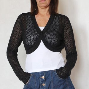 90s black shining bolero, Vintage crop cardigan, Knitted sweater with Long sleeves, Size M