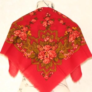 Red scarf with floral, Vintage wool shawl, Bandana, Tablecloth, Romanian style, Ethnic Folk scarves