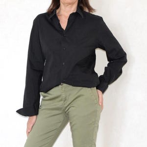 90s black shirt, Vintage minimalist blouse, Classic formal button up shirt, L