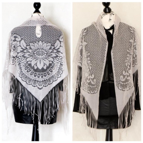 Lace shawl with fringe, Vintage triangular scarf, 