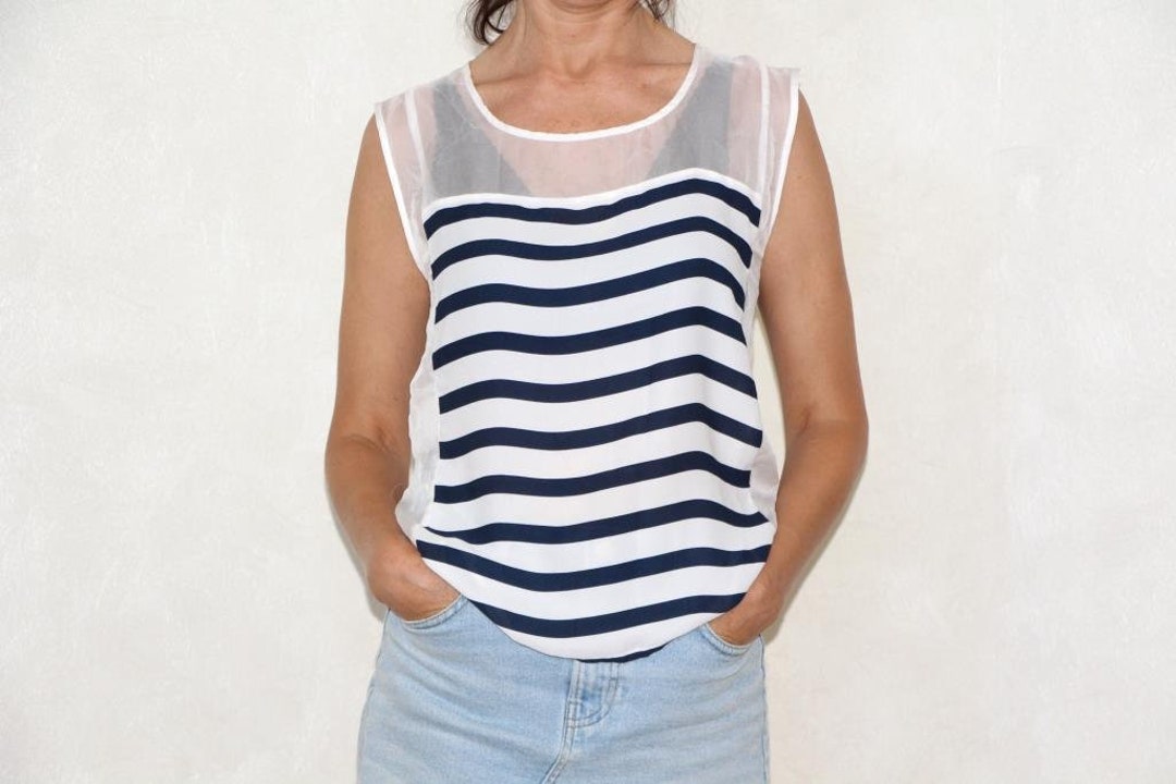 Blue And White Striped Tops For Women