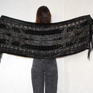 Velvet burnout black scarf with floral, Vintage throw evening wrap, Semi Sheer, Fringed, Piano long carf