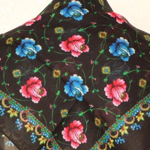 Japanese Black scarf, Vintage shawl with bright floral print, Made in Japan, Christmas gift