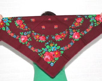 Burgundy Wool shawl with flowers, Dark red scarf, Vintage Ukrainian shawl, Retro wine scarves