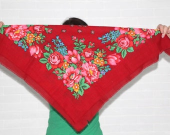 Ukrainian floral wool shawl, Vintage red square scarf, Wedding chale russe, Gift for her