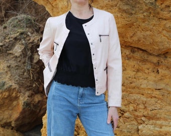 Blush pink faux leather jacket, Snap button up crewneck and zippered pockets, Cropped jacket, Y2k