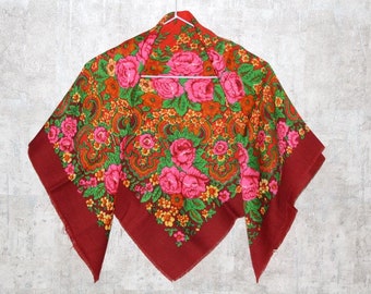Châle de laine rouge avec floral, écharpe de mariage ukrainienne, foulard russe, bohème vintage chaud, écharpe Babushka