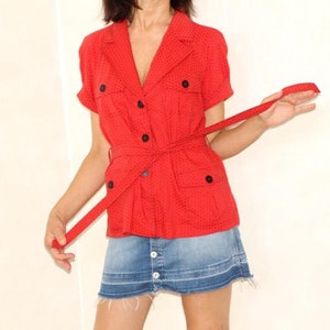 90s Red Jacket with black polka dots, Vintage short sleeve belted Womens blouse, Button down shirt, size S