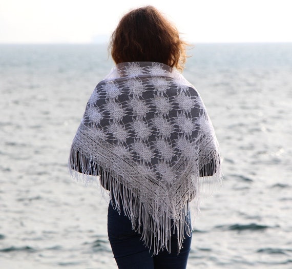 Vintage Women/'s Cape Shawl Flower Lace Caplet with Fringe