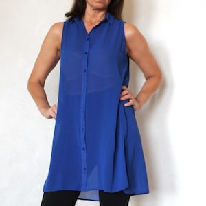 90s sheer sleeveless long top, Vintage Blue Button up collared shirt, Loose blouse, Size M