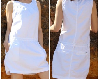 mini-robe vintage en coton blanc, robe simple d'été avec poches et fermeture éclair latérale taille basse, taille M