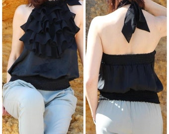 Y2K Open back top with sleeveless, Off Shoulder blouse with ruffles, Vintage black crop top, Tie back top, Size M