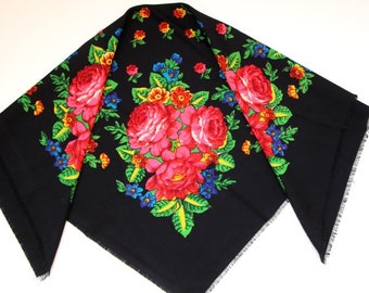 Black wool shawl, Vintage floral square scarf, Ethnic fashion shawl, Ukrainian gift, Chale russe, russian Scarves