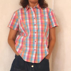 90s plaid shirt, vintage short sleeve blouse, check print casual button up, Size M