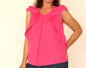 90年代風フリルノースリーブブラウス、ヴィンテージホットピンクのタンクトップ、サイズM
