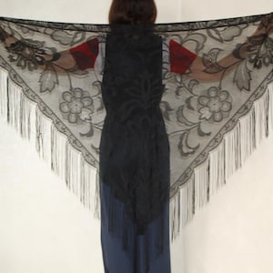 Black lace shawl with fringes, Boho floral scarf, Vintage triangle evening shawl, Japanese Mesh scarf