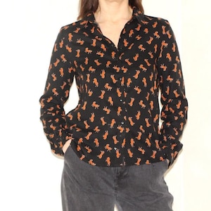 90s Shirt with horse print, Vintage long sleeve collared blouse, Button up, cottagecore