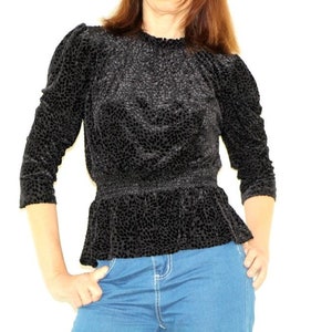 90s Black velvet burnout blouse, Elastic waist top, Women&#39;s 3/4 sleeve turtleneck sweater, Gothic boho evening top, Size S