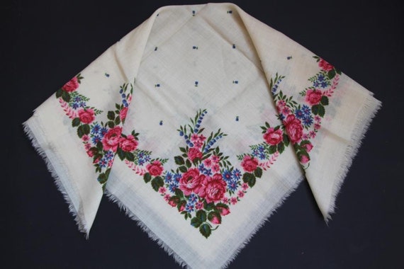 Floral wool shawl, Vintage white scarf, Ukrainian… - image 2