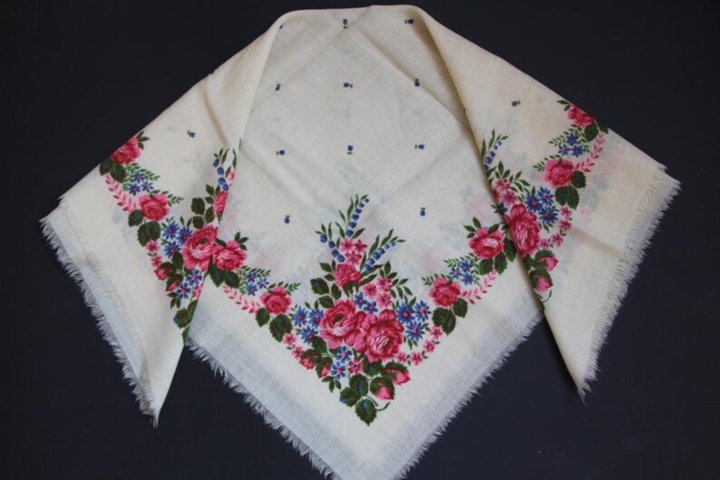 Floral Wool Shawl, Vintage White Scarf, Ukrainian Shawl, Russian Floral ...
