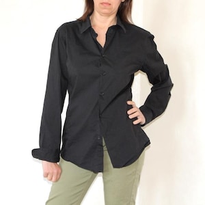 90s black shirt, Vintage minimalist blouse, Classic formal button up shirt