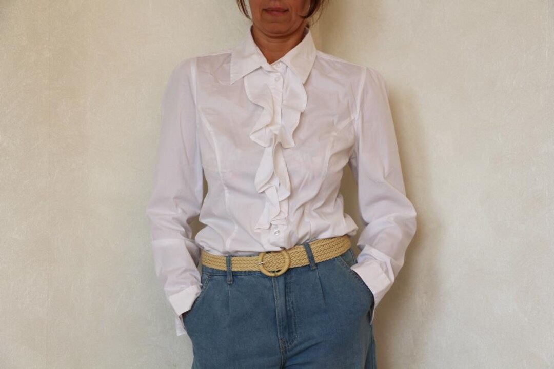 90s White Ruffled Blouse, Vintage Long Sleeve Shirt, Victorian Style, S ...