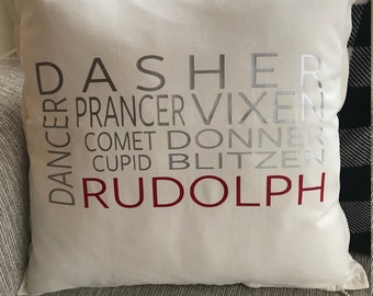 Reindeer Names- Reindeer Names Pillow- Santas Reindeer- Christmas Pillow- Holiday Pillow- Christmas Gift- Christmas Decoration- Rudolph