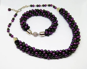 Beaded Kumihimo necklace.Beaded necklace set.Purple and dark green pearls in Kumihimo Technique. FREE shiping