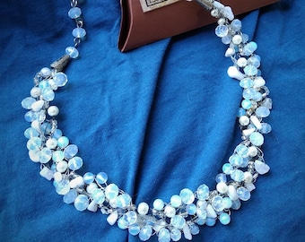 Crochet Wire Bridal Necklace, Rainbow Moonstone & Pearl Beaded Jewelry