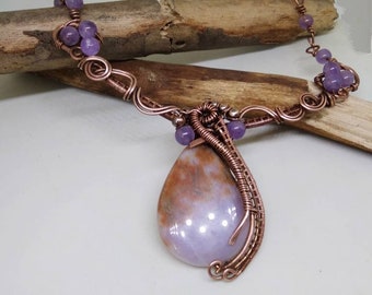 Amethyst necklace. Wire wrapped choker. Wire wrap copper pendant. Amethyst choker. Heady wrapping. Pendant Handmade copper chain Gemstone