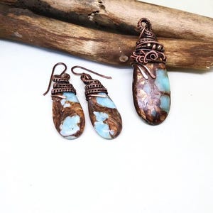 Mohave Turquoise Copper Pendant and Earrings Set, Wire Wrapped Jewelry