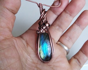 Blue Labradorite Copper Wire Wrapped Pendant Gift Jewelry